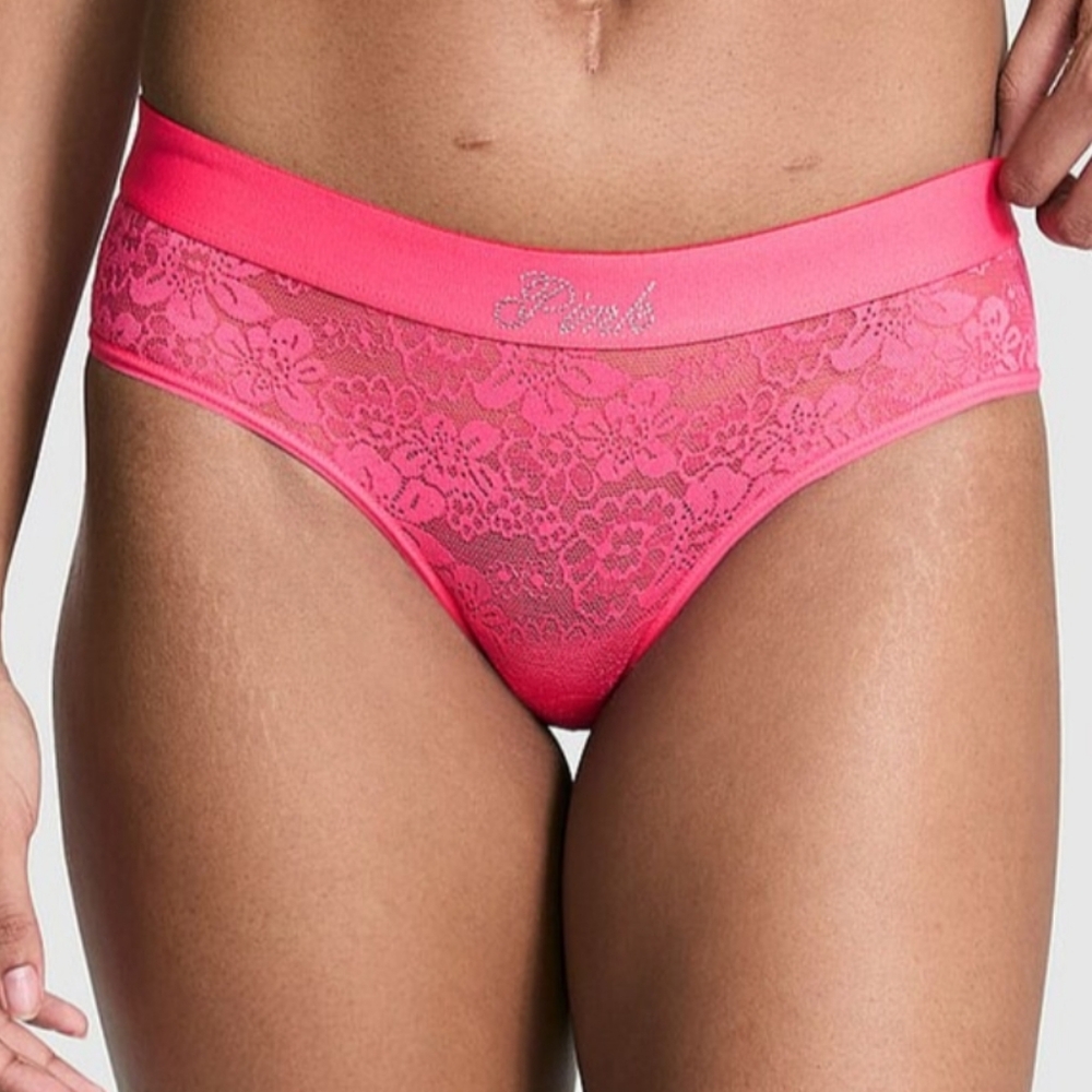New PINK Victoria's Secret Lacie Logo Hiphugger Double Bubble Pink Lace Panty